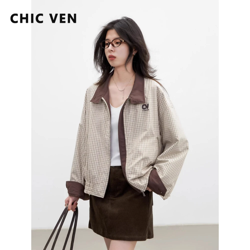 

Модная женская куртка CHIC VEN: Новая укороченная куртка в клетку с отложным воротником, ветрозащитная, контрастных цветов, женское пальто Весна-Лето 2026, верхняя одежда