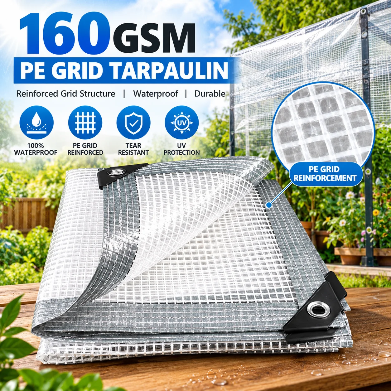 Telo in PE a griglia 160GSM, telone trasparente impermeabile rinforzato, copertura resistente per esterni, giardino, serra, patio