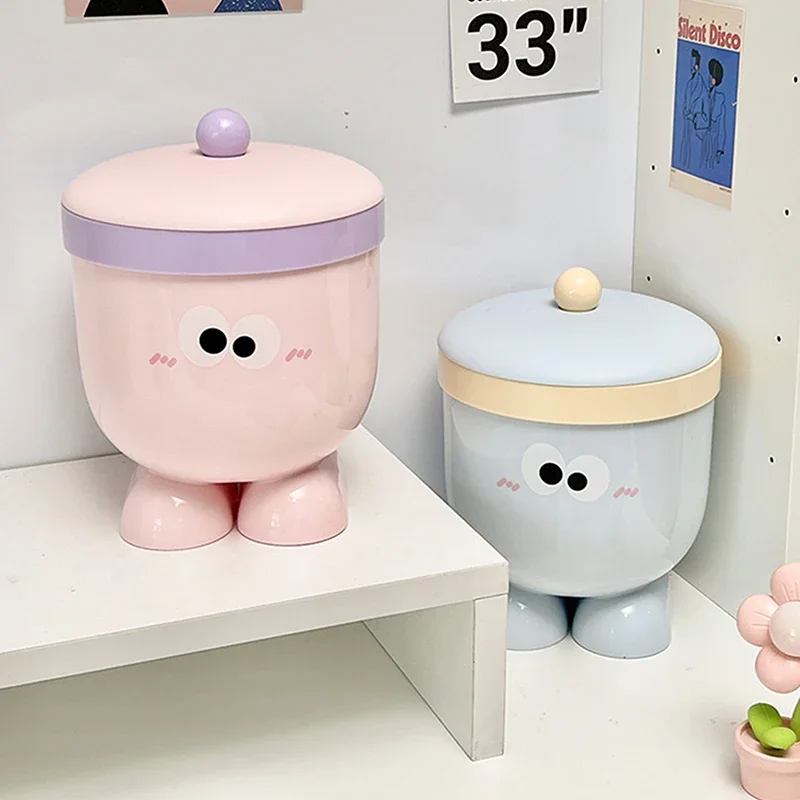 Mini Small Desktop Trash Can With Lid - Cute Countertop Waste Paper Basket For Bedroom Coffee Table & Office Desk - Blue Pink