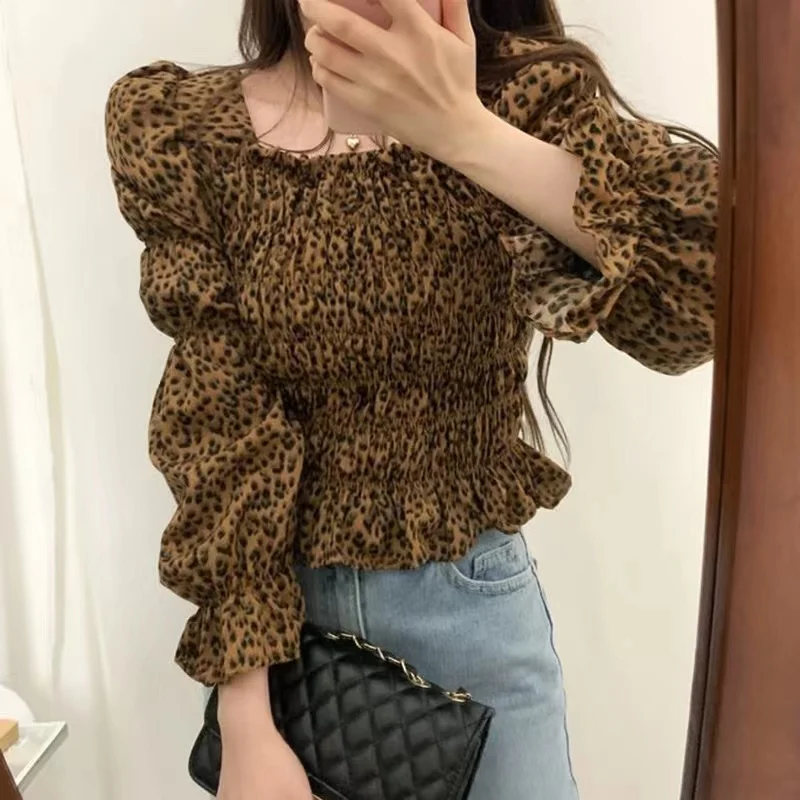 Temperament Square Neck Puff Long Sleeve Tops Vintage Pleated Shirt Korean Style Chic Leopard Print Blouse Blusas Mujer De Moda