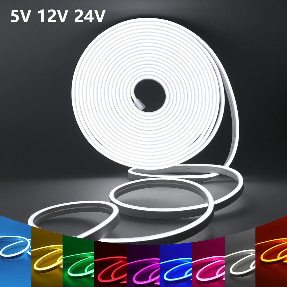 5V 12V 24V Neon LED Strip 6x12MM Flex Tape Waterproof Rope Silicone Tube Neon Light Strip White Red Green Blue Pink Yellow