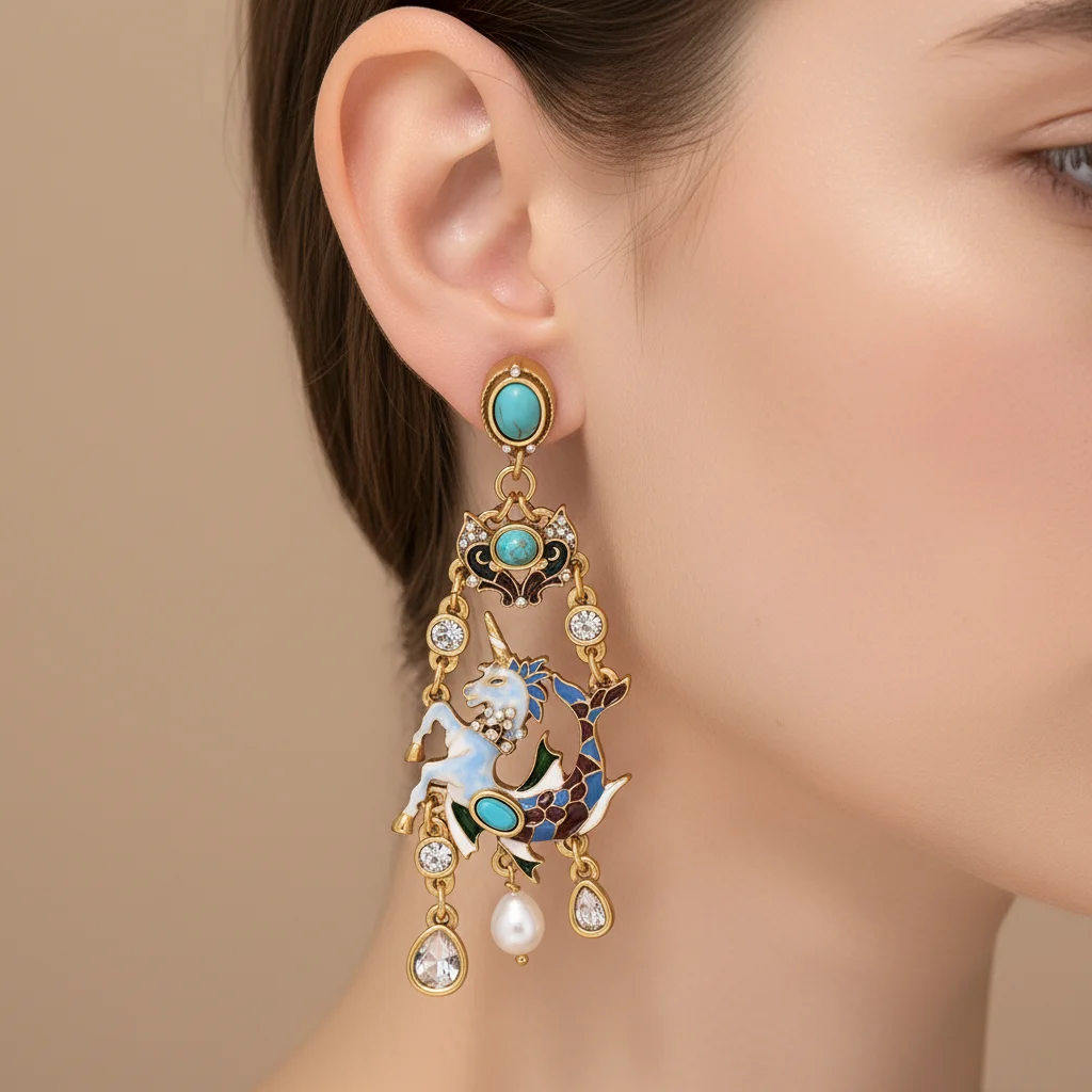 أقراط متدلية كلاسيكية من المينا بيغاسوس للنساء - نمط عرقي 18 قيراط مطلية بالذهب حجر الفيروز أقراط متدلية مجوهرات الحفلات