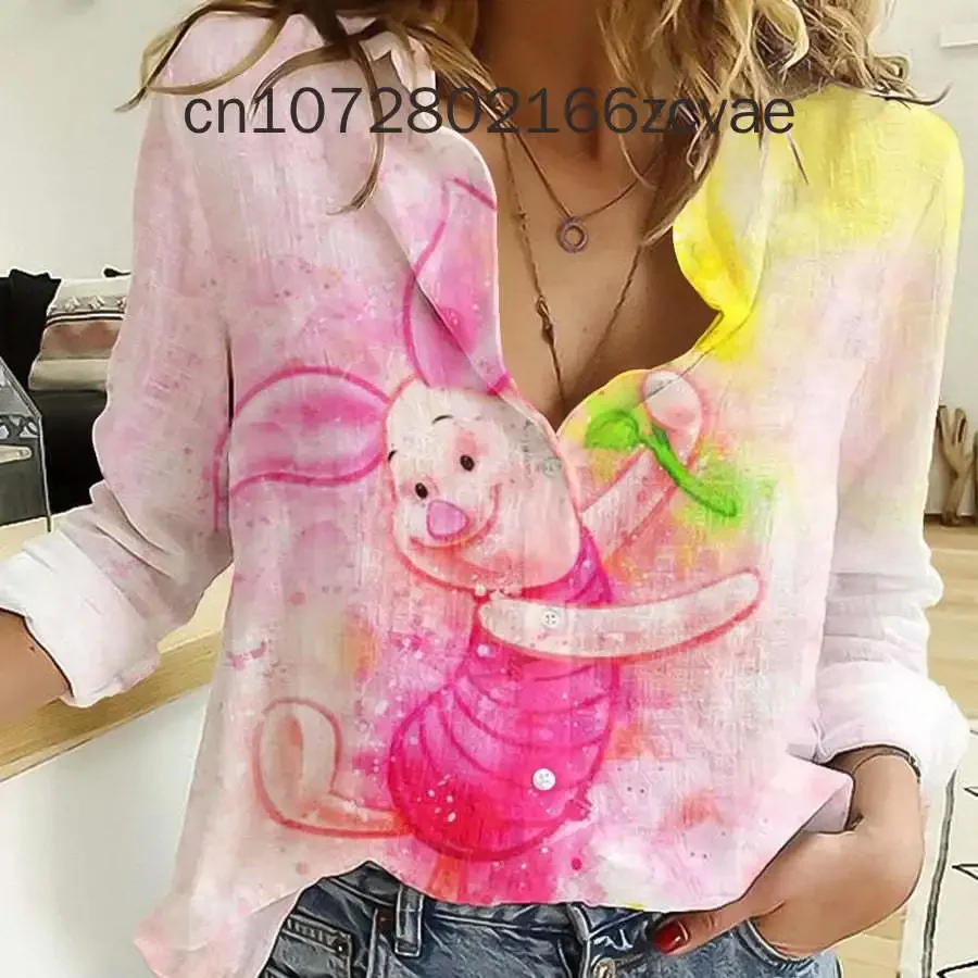 2024 Disney Piglet Hawaiian Shirt Women\'s land Long Sleeve Button Up Shirt Casual Fashion Beach Shirt Vintage Tops