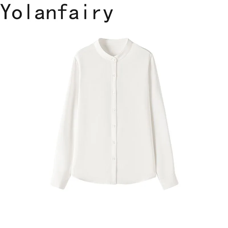 

YOLANFAIRY 93% Natural Mulberry Silk Shirts Woman 2026 Stand Collar Long Sleeve Blouse Women Elegant White Shirt OL Ladies Tops