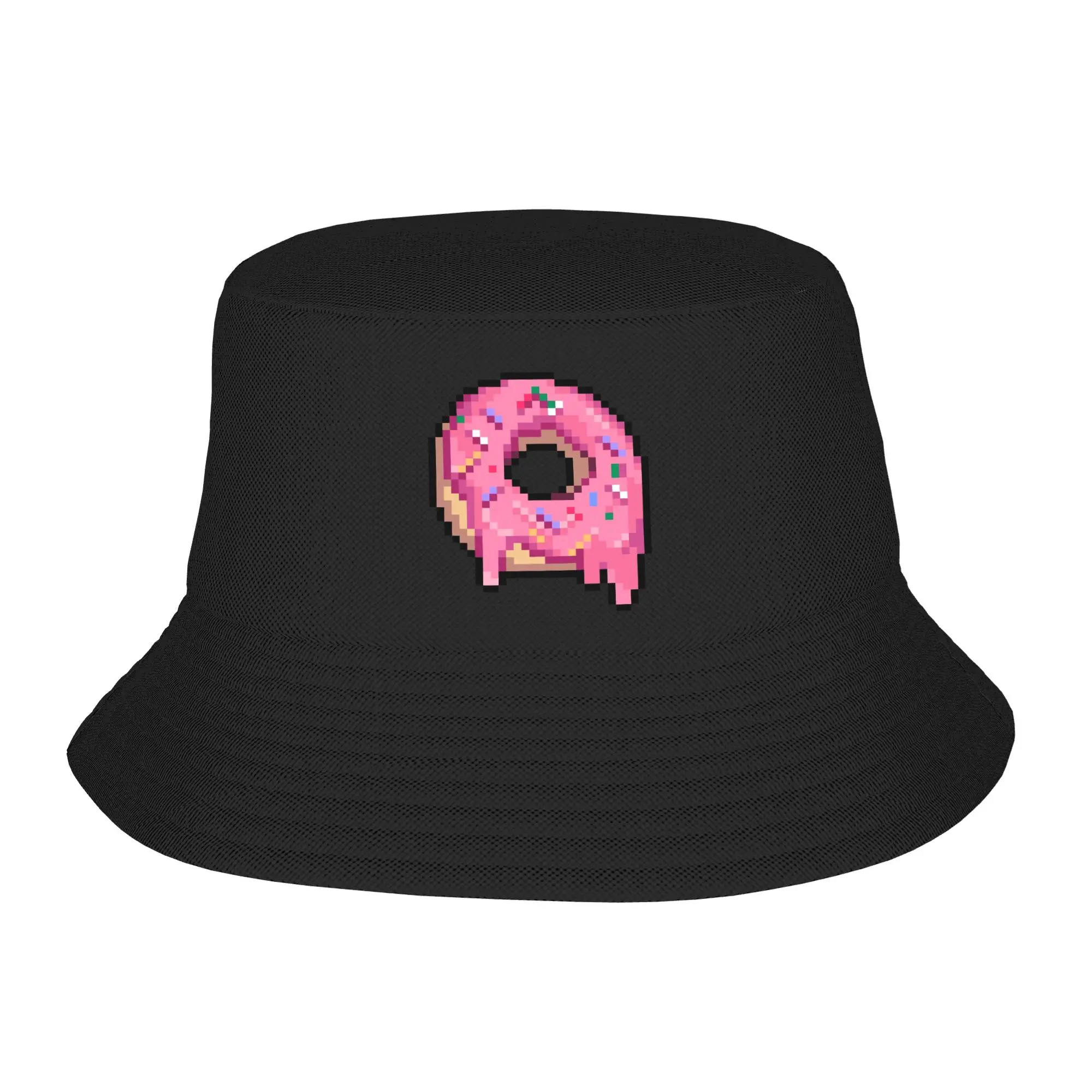 Drippy Pink Frosted Sprinkled Pixel Donut Bucket Hat  Hip Hop Fisherman Caps Vacation Sun Hats For Couple Casual Design Cap