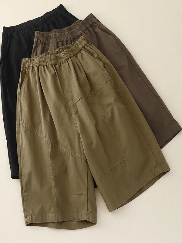 Katoenen broek met wijde pijpen Dames Loose Fit Elastische taille Casual losse damesbroek met vijfkwartlengte Sli Afslanken