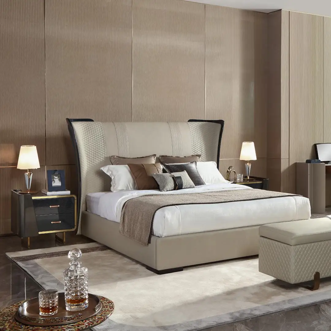 *Modern Luxury Bedroom Furniture Set, king Size Bed, Middle Eastern Mexican Australian Style Leather Bed with Soft Cushion