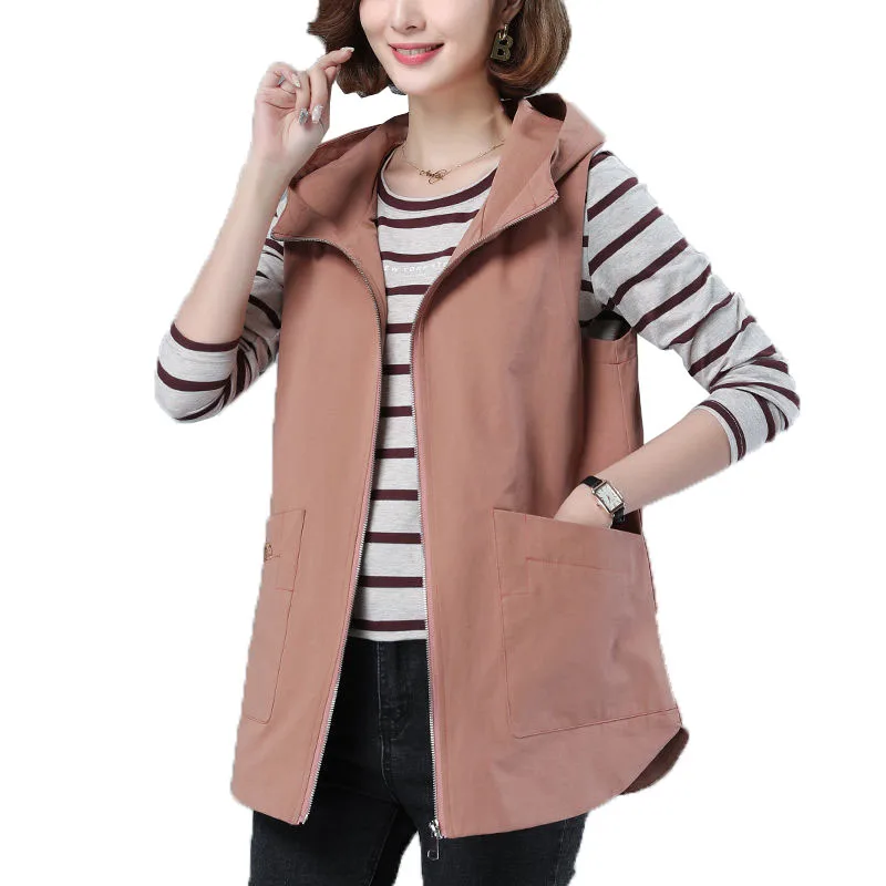 

Nice Double Women Vest Spring New Hooded Fashion Waistcoats Loose Vest Ladies Mid-length Sleeveless Jacket 4XLC983