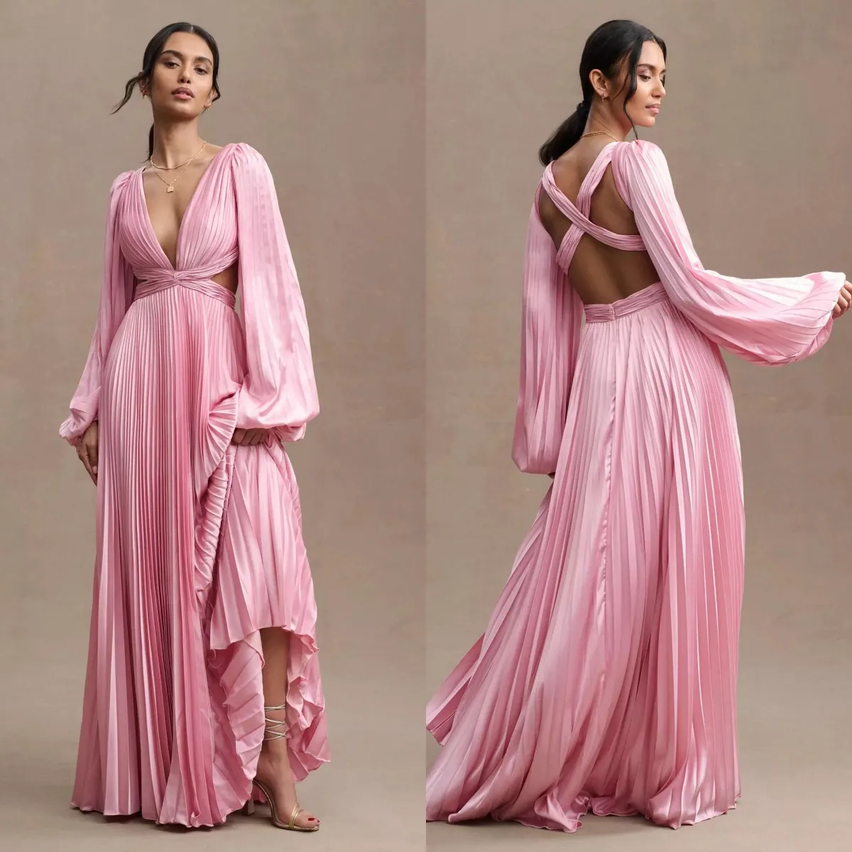 

Pleated Long Sleeves Prom Dresses Cut Out A Line Evening Gown Sexy Backless Party Dress Ladies robes de soirée