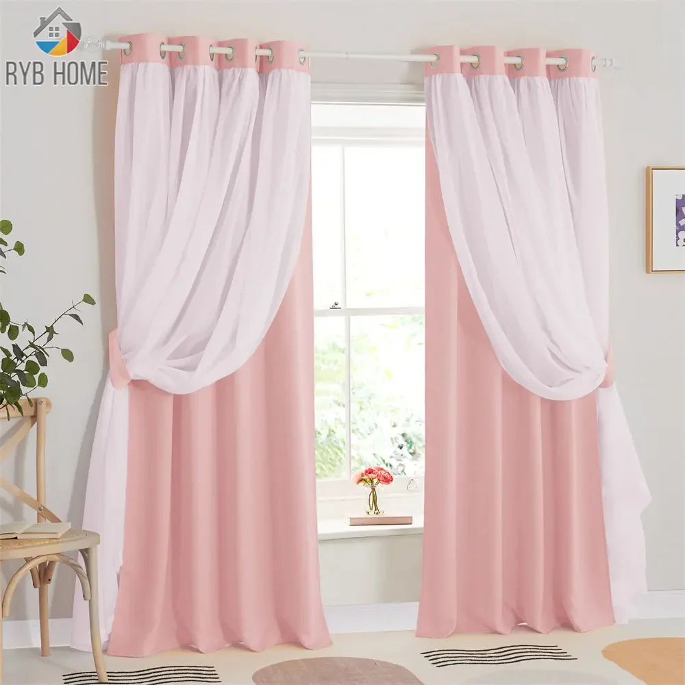 

RYBHOME Window White Sheer Voile Blackout Curtain Chrome Ring Drape Dream Style for Living Room 1 panel with 2 Tie Backs