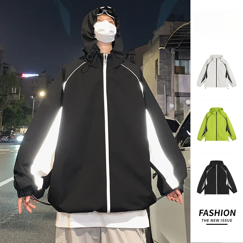 

Night Reflective Jackets Men Windbreaker Hooded Jacket Man New In Hip Hop Dancer Waterproof Loose Zipper Coats Male Outwear 2025