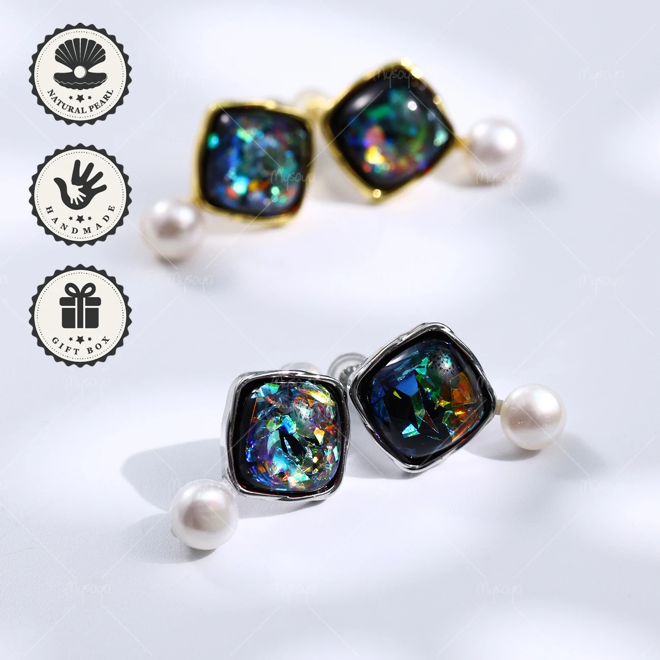 

Mysoya White Freshwater Pearl Stud Earrings 7–8mm With Dark Color Natural Stone Golden/Silvery Earrings Gift Box Valentine’s Day