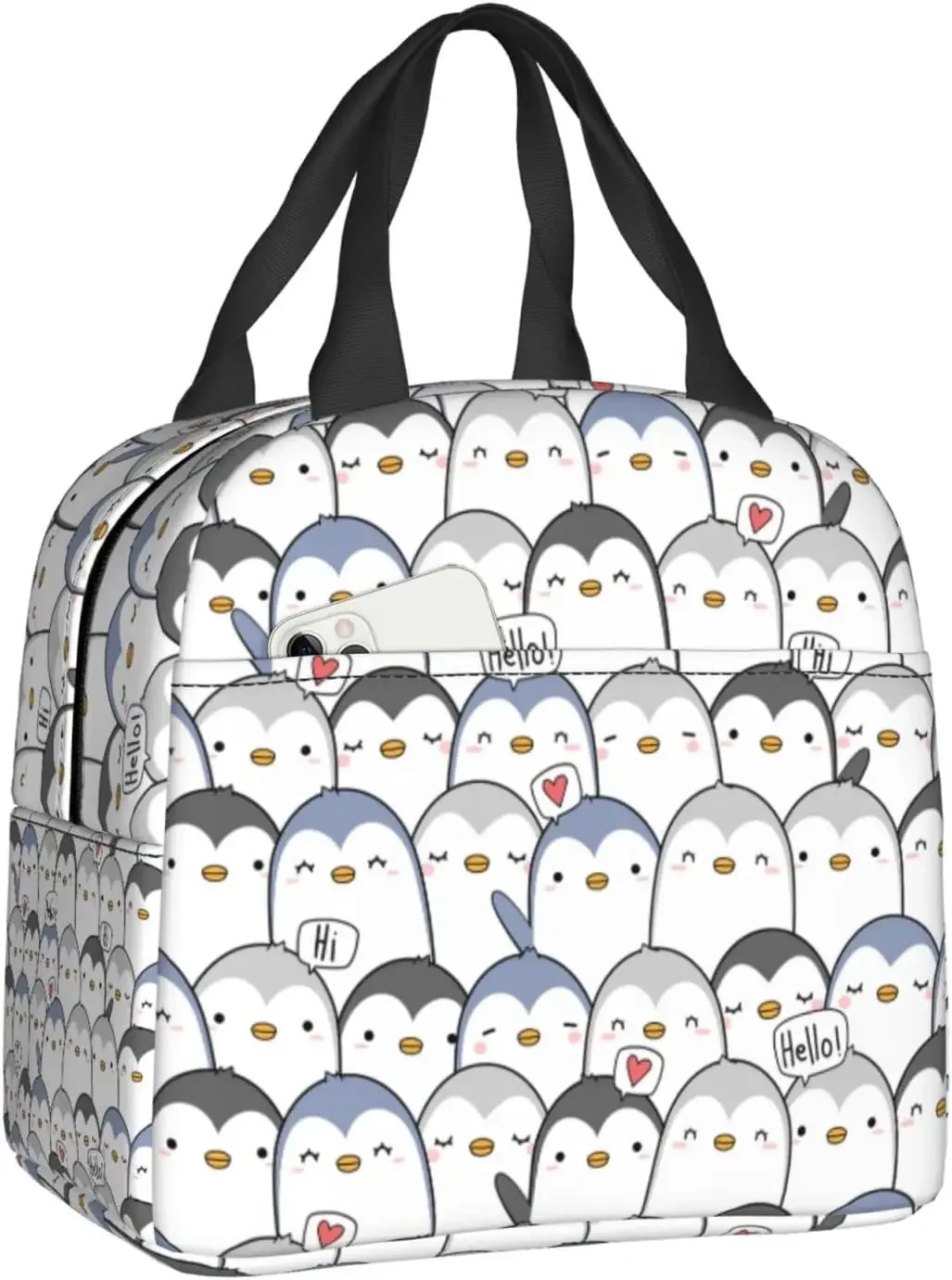 Cute Penguin Greeting Lunch Bag Insulated Water-Resistant Tote Bag Reusable Lunch Box for Picnic Travel