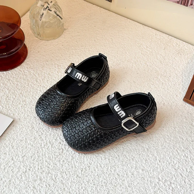 

Раннее лето 2021, корейская обувь с тканым украшением, простая однотонная маленькая кожаная детская обувь на плоской подошве для девочек