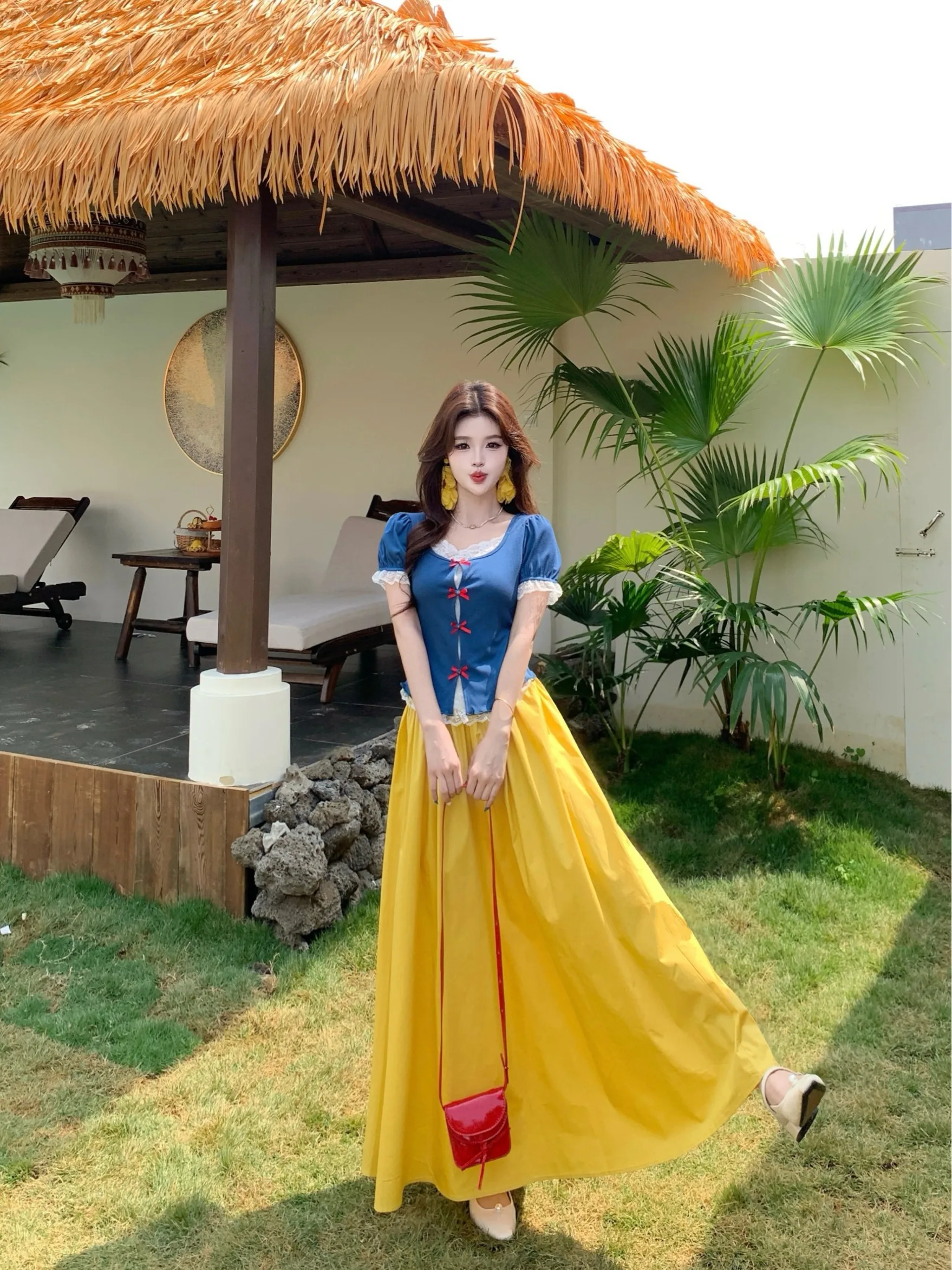 

plus Size Summer New Vintage Lace Trim Splice Square Collar Top Mid-Length Half Skirt Set Fashionable Korean Style High Waist...