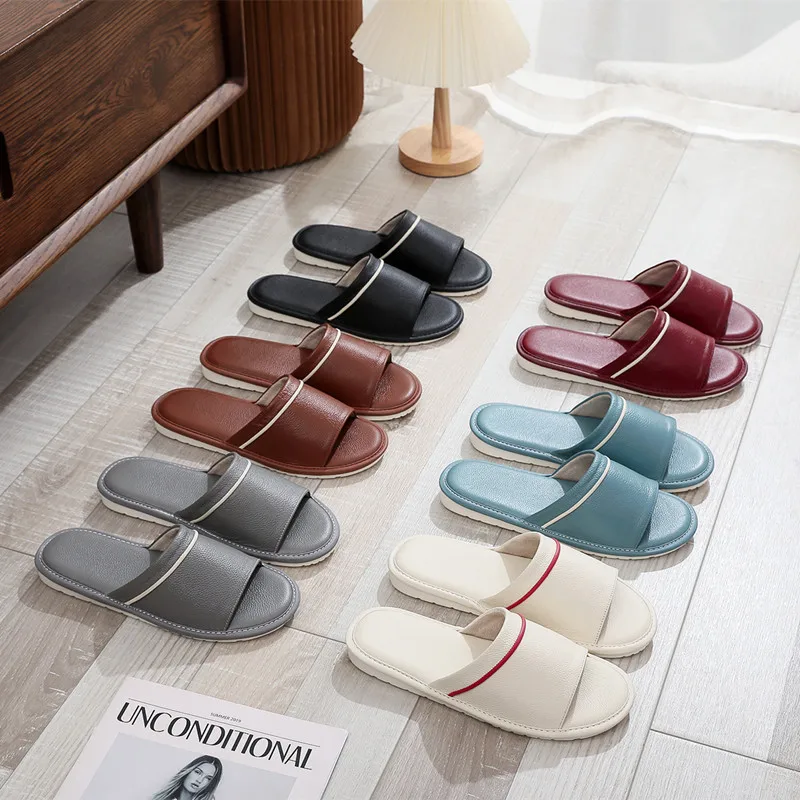 Couple's Latex Cowhide Summer Indoor Slippers Non-slip Non-stinking Genuine Leather Soft Home Slippers for Women and Men - view 3
