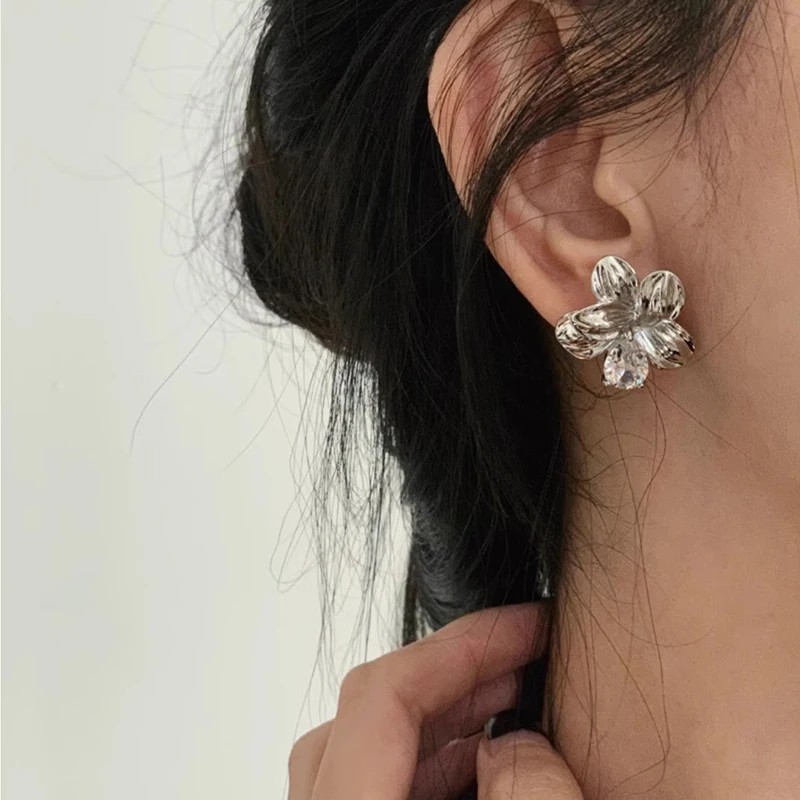 PONYKISS 925 Sterling Silver Zircon Flower Stud Earrings for Women Cute Plant Fine Jewelry Minimalist Personality Accessories