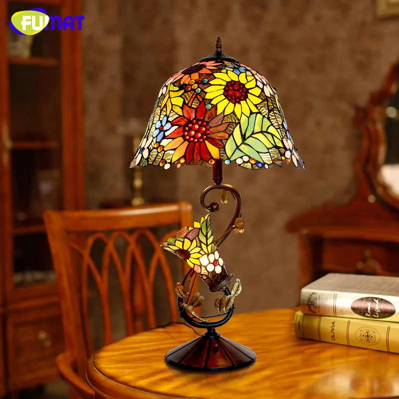 FUMAT Stained Glass Table Lamp High Quality European Style Sunflower Lamps Shade Lamp Living Room Bedside Stand Lamp Bar Lights