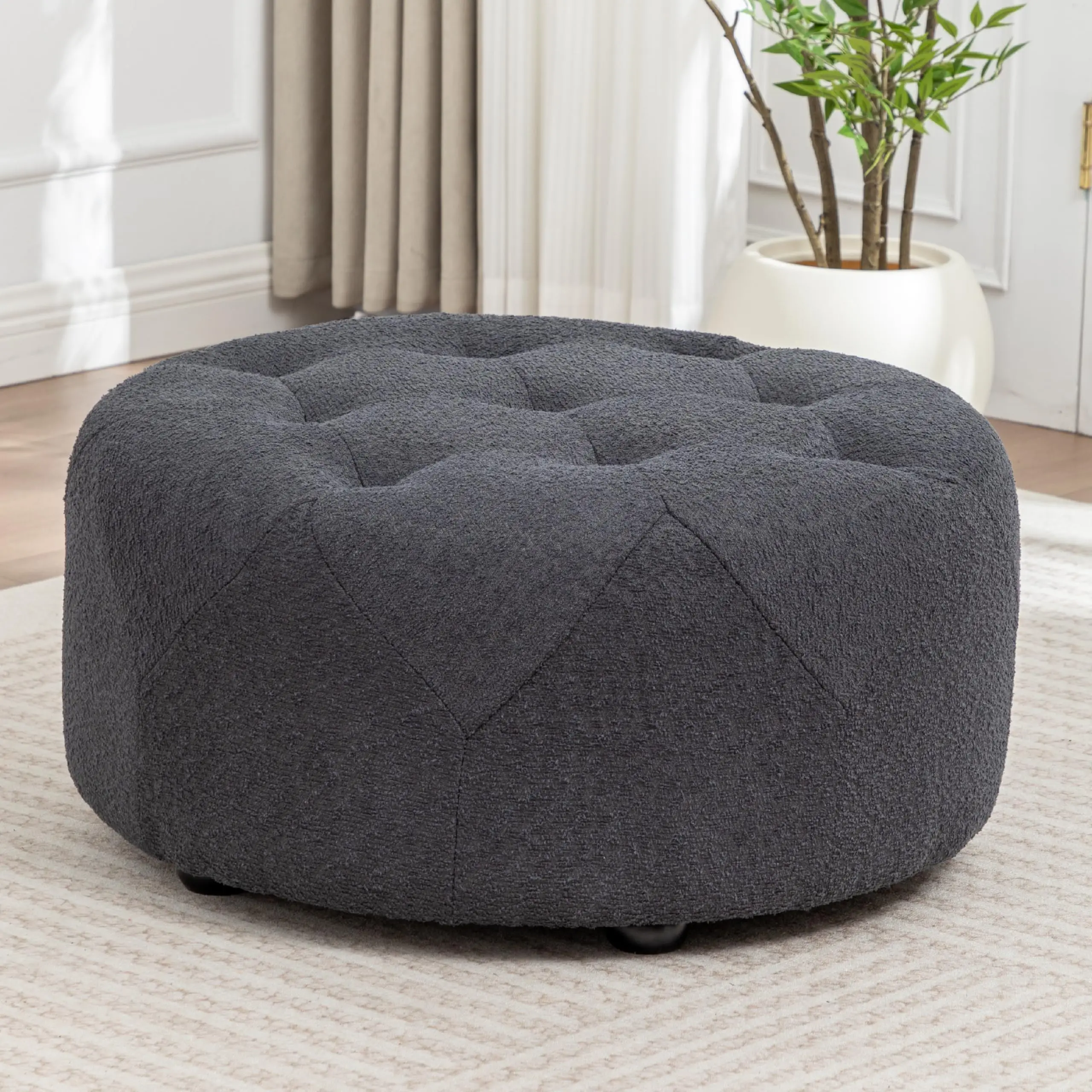 Large Upholstered Round Ottoman Coffee Table, Black | 32.5