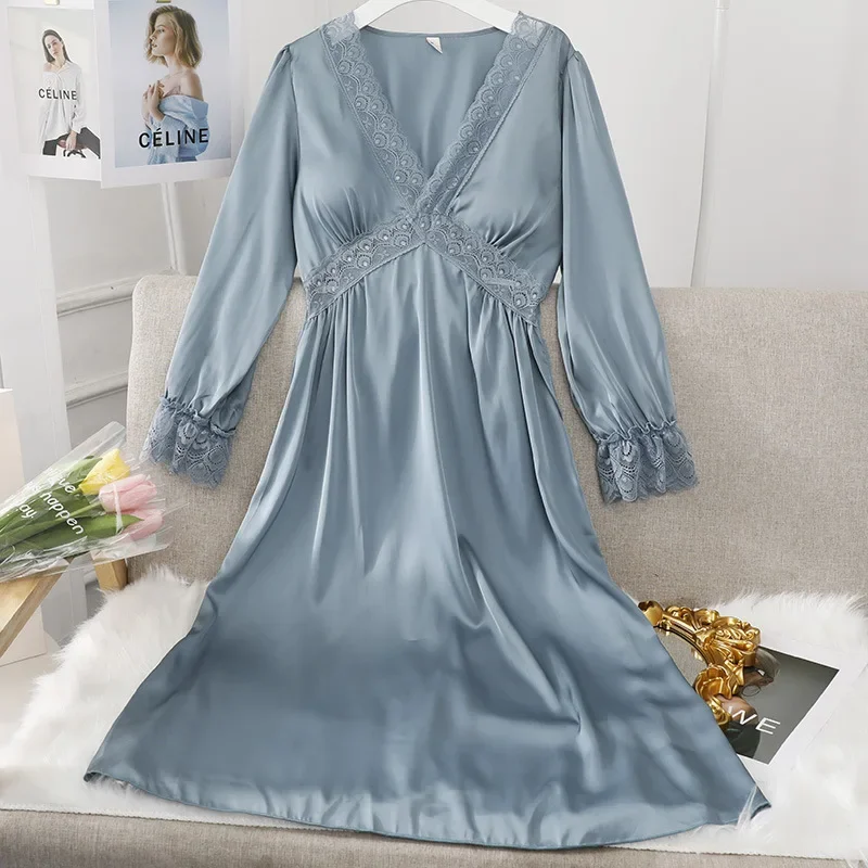 Women V-neck Long Nightgown Hollow Lace Sleepwear Home Dress Casual Sleepshirts Ladies Princess Nightwear Casual Satin Pajamas