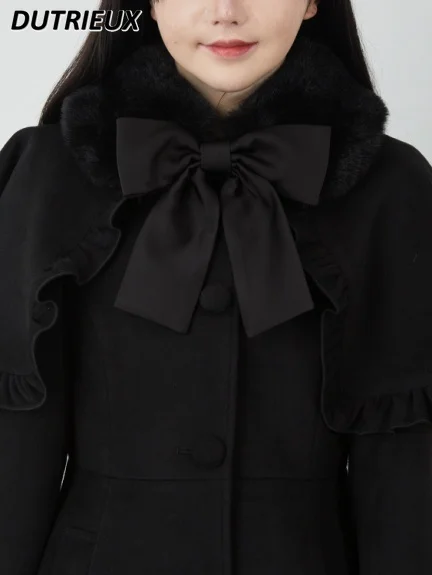 Autumn Winter Japanese Long Sleeve Single-Breasted Cape Jacket Loose Overcoat Mid-Length Sweet Girl Black Bow Woolen Coat