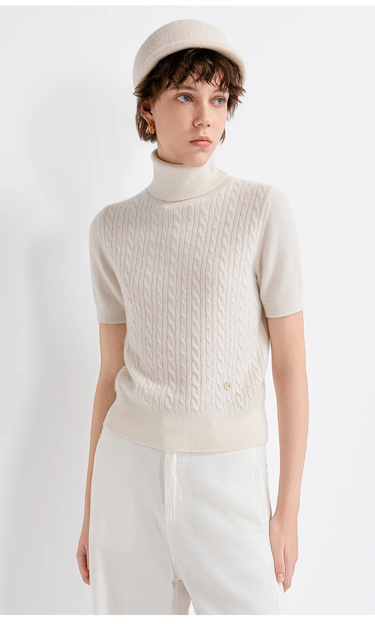 TH662122 Damen Rollkragenpullover mit Zopfmuster, Kurzarm, 100% Kaschmir, Gerippter Saum, Gemütlich, Lässig-Schick, Frühherbst – Detail 5