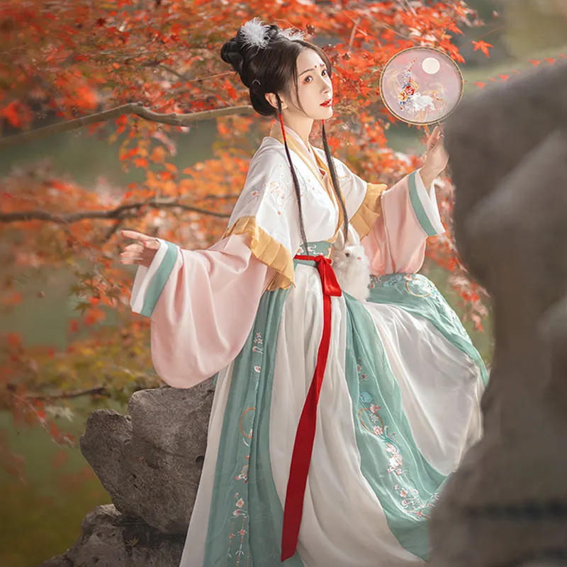 

Chinese Traditional Hanfu Dresses For Women Large Size Rabbit Embroidery Princess Outfit Fairy Folk Dance Costumes 3 Colors