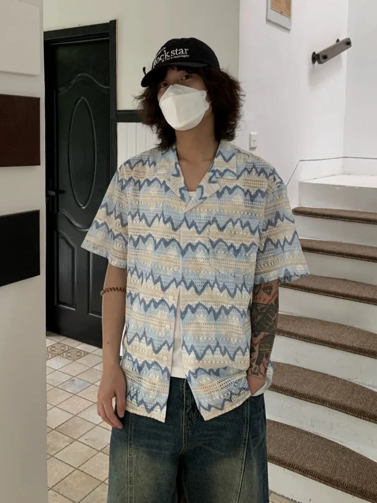 

Men City Boy Bohemian Cube Neck Knit Shirts Tops Male Summer Beach Holiday Striped Handsome Festival Ins Chic Y2K Tees Blouse