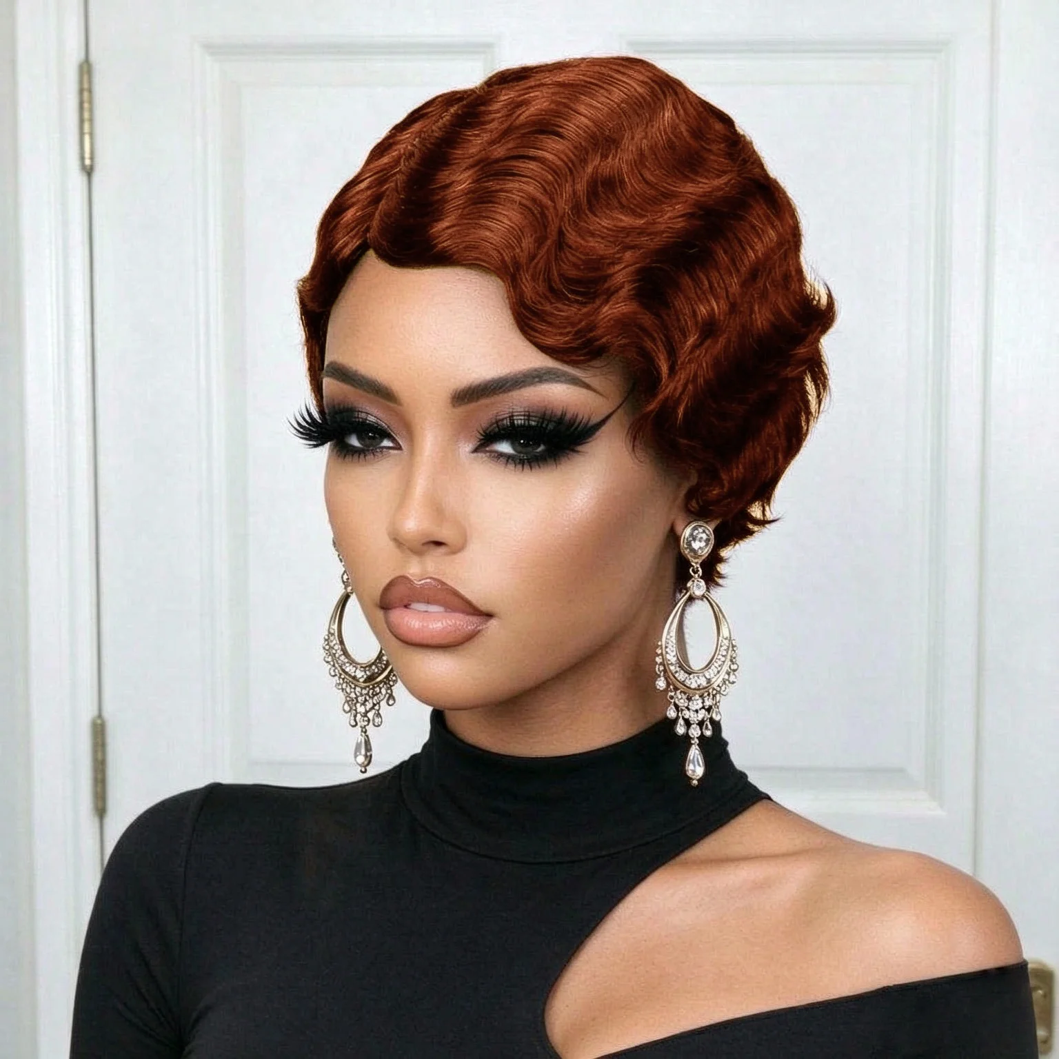 Retro Finger Wave Short Human Hair Wig Full Machine Made Wig Natural Pre Plucked Hairline Fashion Short Wavy Wig For Daily, Club