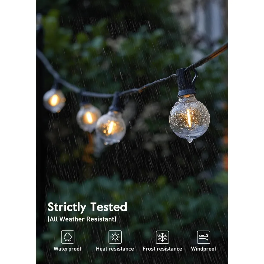 100フィート防水LED屋外ストリングライト、52個の割れないエジソン電球付き、スペア2個付き、パティオ使用用にUL認証済み