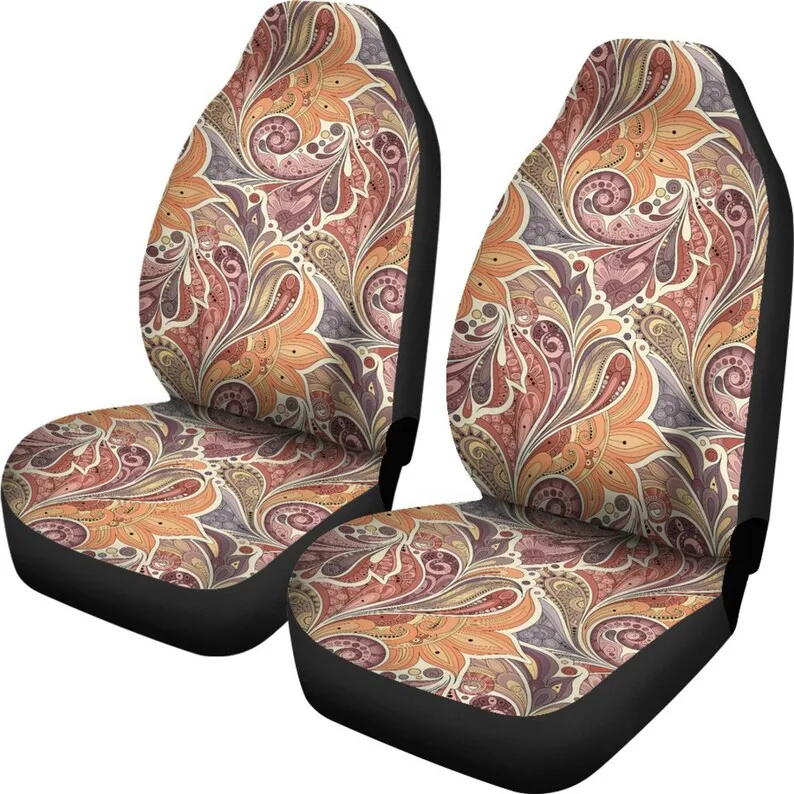 Par de fundas de asiento de coche de decoración marrón, naranja y rojo, 2 fundas de asiento delantero, Protector de asiento de coche, accesorios de coche