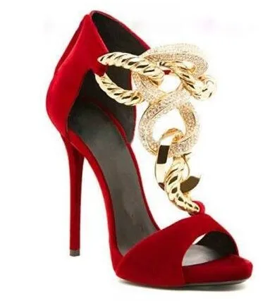 

2022 New Brand Sandals Metal Chain Rhinestones Black Red Sexy Fashion Women's Shoes High Heels Sandals Hollow High Heels
