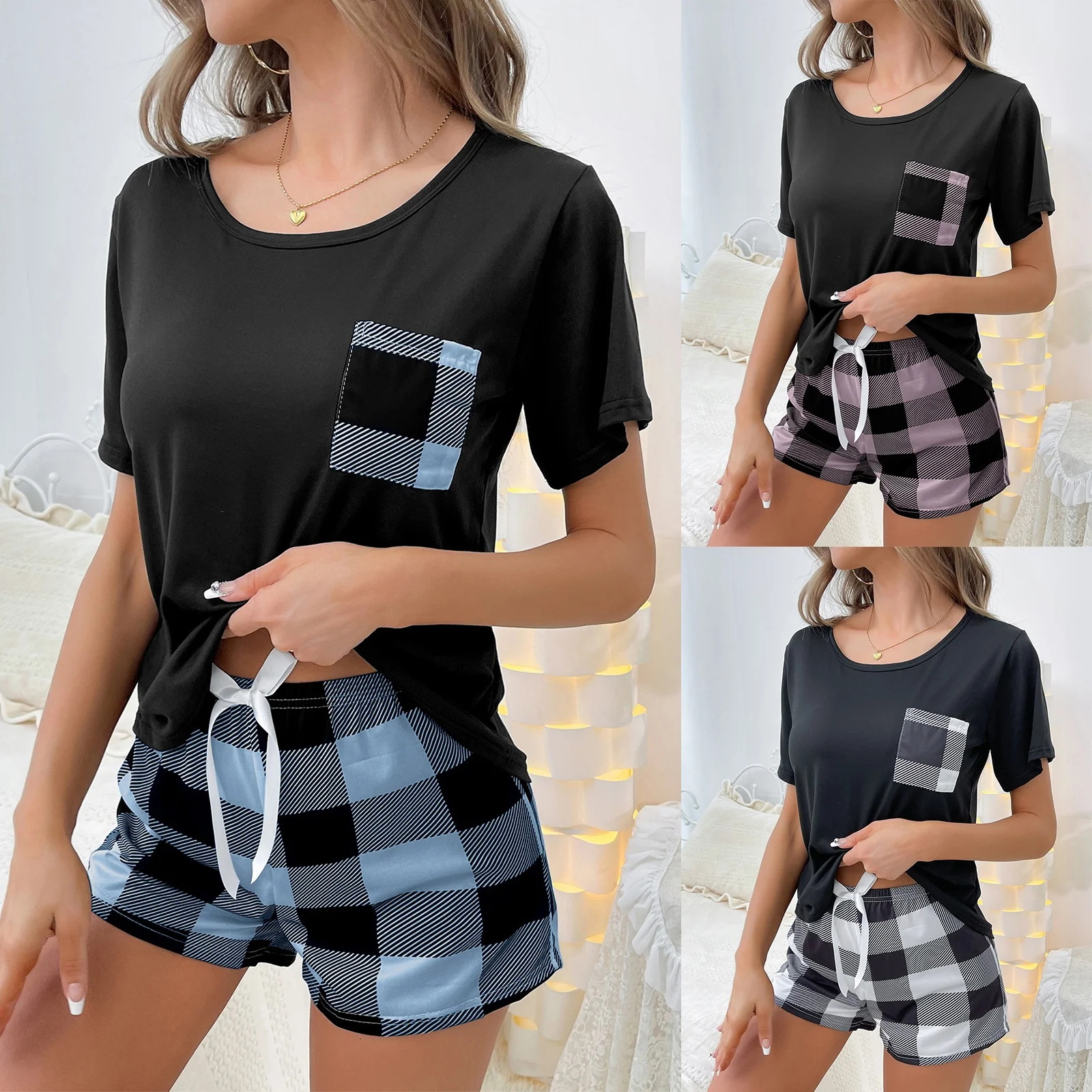 

Women T Shirt Checkered Short Pants Home Suit Casual Cozy Comfortable With Drawstring Set Lady Family Daily Leisure Sleepwear