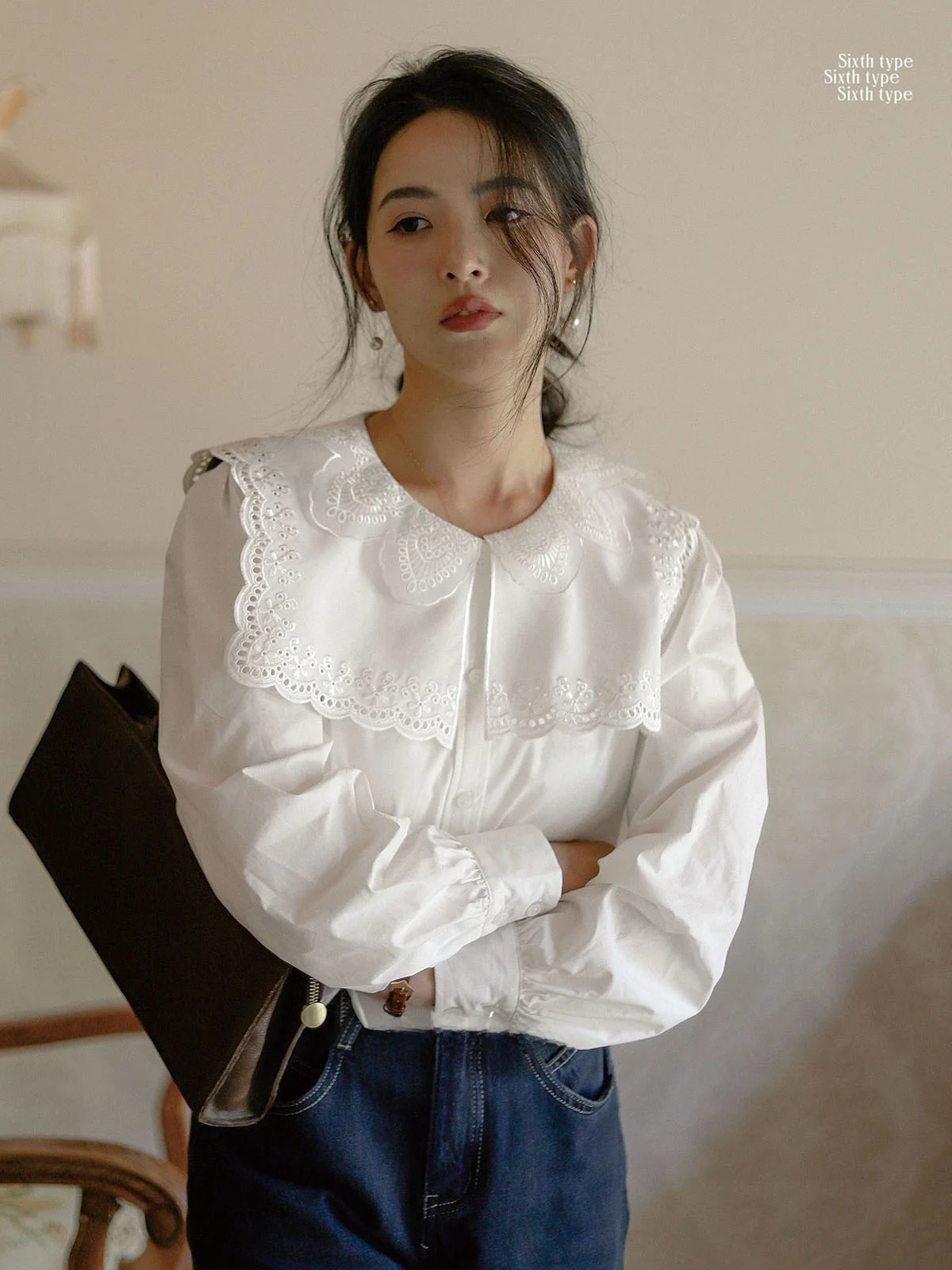 

Женская винтажная блузка Sixthpe Design Sense с вышивкой, темно-синим воротником и длинными рукавами, для повседневной носки, весна-лето, 100% хлопок