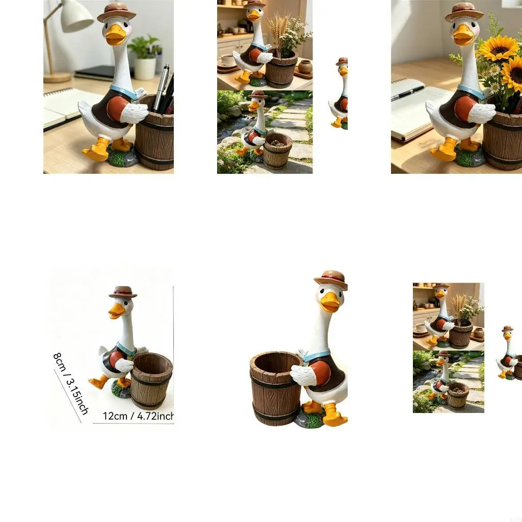 Resin Duck Bucket Flower Pot for Study Desk Use, Mini Plant Holder and Pen Cup with Animal Figure for Windowsill and Balcony