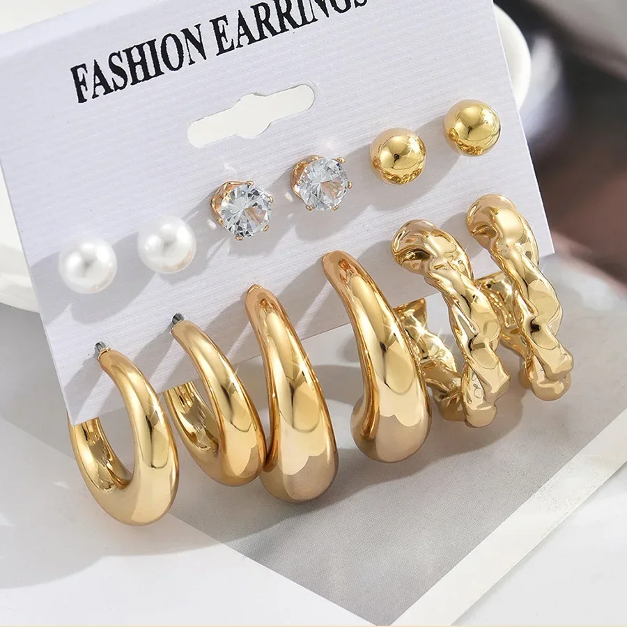 XINYI 6Pcs Classic Geometry Glossy Ccb Gold Plated Waterdrop C Shape Hoop Earrings Set for Women Teens Vintage Daily Jewelry