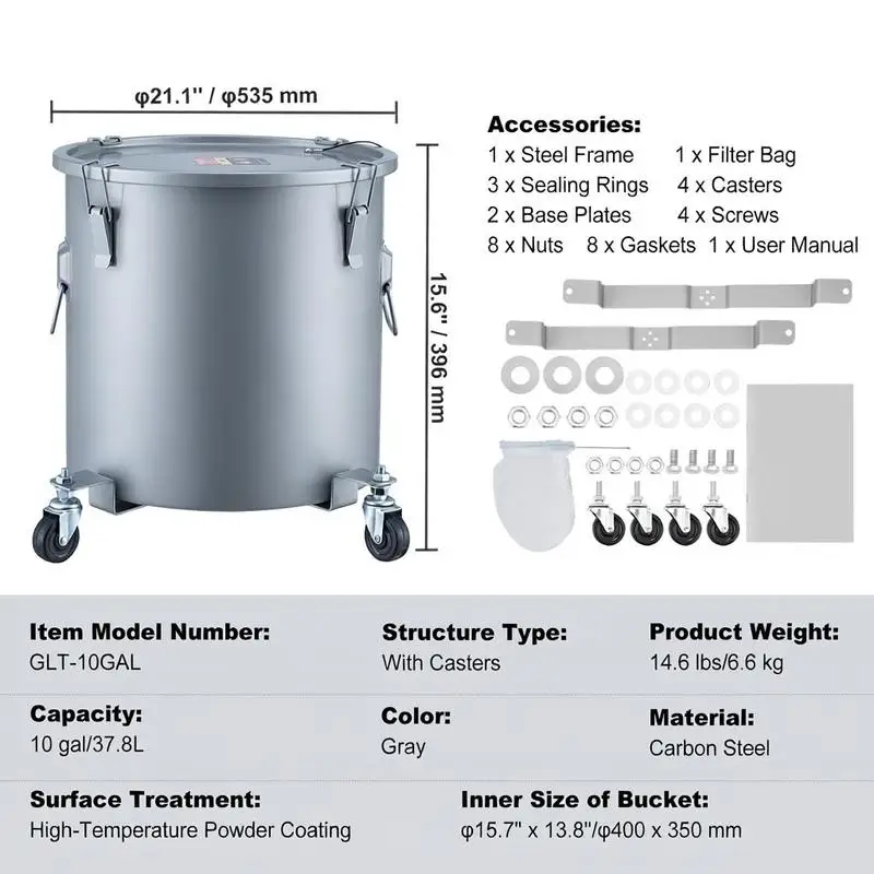 Carbon Steel Oil Transport Container 10 Gal For Restaurants Commercial Kitchens Food Trucks, Caster Base Lock Clips Filter Bag, Gray Heavy Duty Storage Drum High Capacity Waste Oil Caddy with Lid 15 Inch Diameter 18 Inch Height view 2