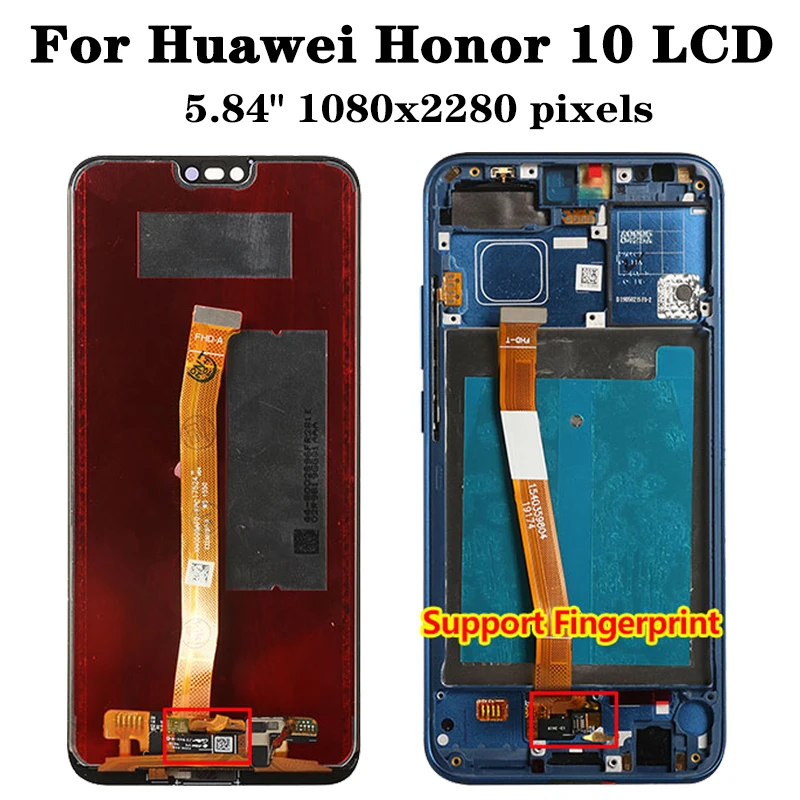 100% Test with Fingerprint 5.84\'\' for Huawei Honor 10 LCD COL-L29 L19 AL10 TL10 Touch Screen Digitizer Assembly Repair Part