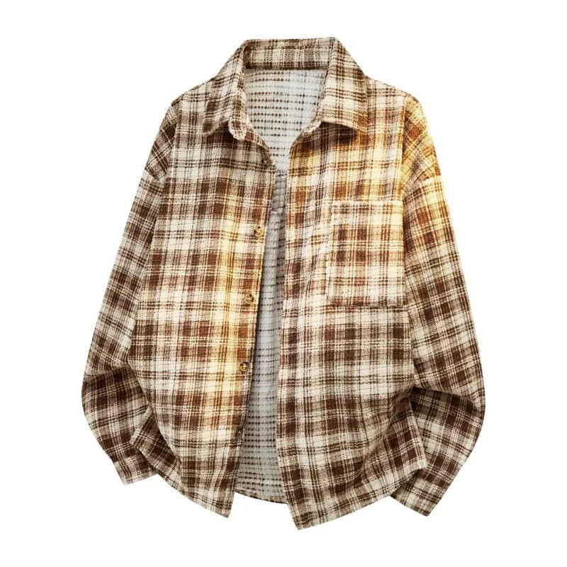 

Мужская черно-белая рубашка-куртка в клетку из вафельного трикотажа на пуговицах, оверсайз, с длинным рукавом, повседневная, для уличного стиля