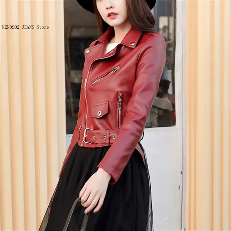 Autumn and Winter Women\'s Pocket Decoration British Casual Style Faux Leather Red and Black Leather Jacket