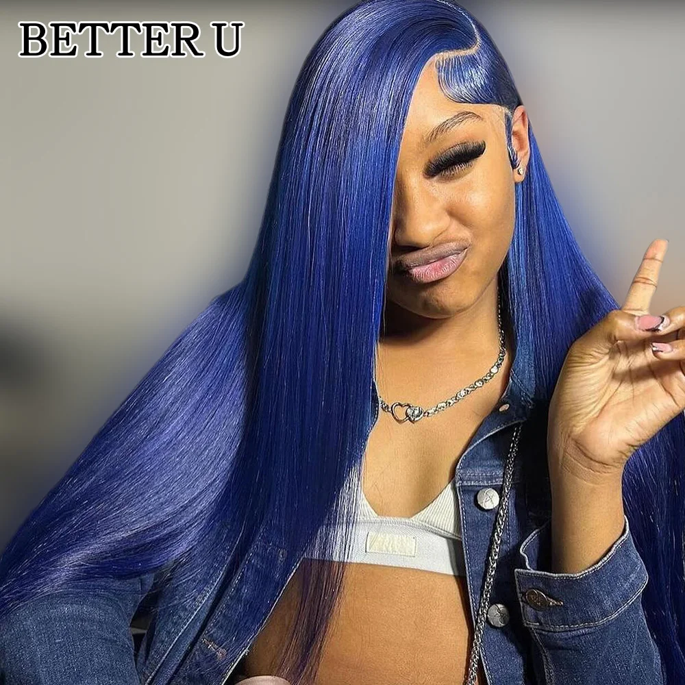 Dark Blue Human Hair straight 13X6 Lace Front Pre-Stretched Wig Transparent Lace Front Wig 13x4 High Gloss Wig 250 Density