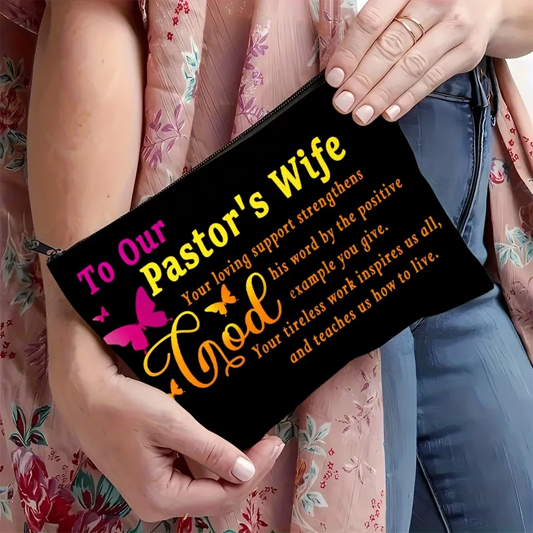 Pastor's Wife Butterfly Letter Print Cosmetic Bag Portable Zipper Makeup Pouch Travel Toiletry Storage Organizer Gift For Christ