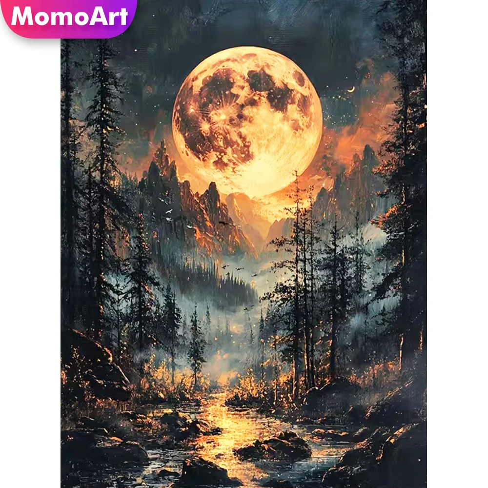 Momoart Mond-Diamant-Gemälde, Landschaft, Berg, voller quadratischer Drillinge, Stickerei, Baum, geeignet für Anfänger, Mosaik, handgefertigt, Hobby