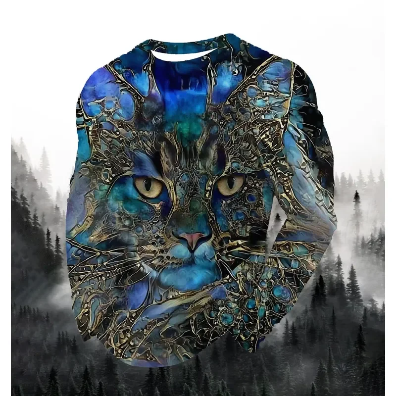 3D Printed Casual Long Sleeve Lion Kitten Fierce Animal Print Men's T Shirt Fashion Round Neck Street Top Loose Pullover 2026