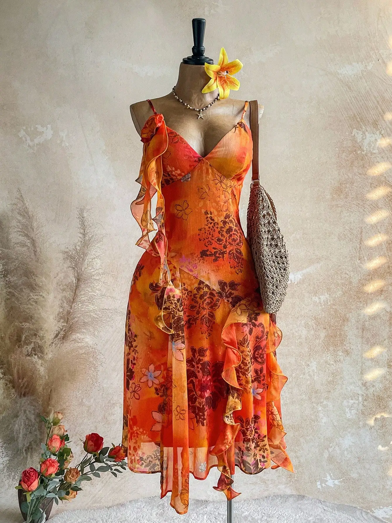 Boho Floral Chiffon Dress with Ruffles & V Neck, Vacation Ready Summer Midi