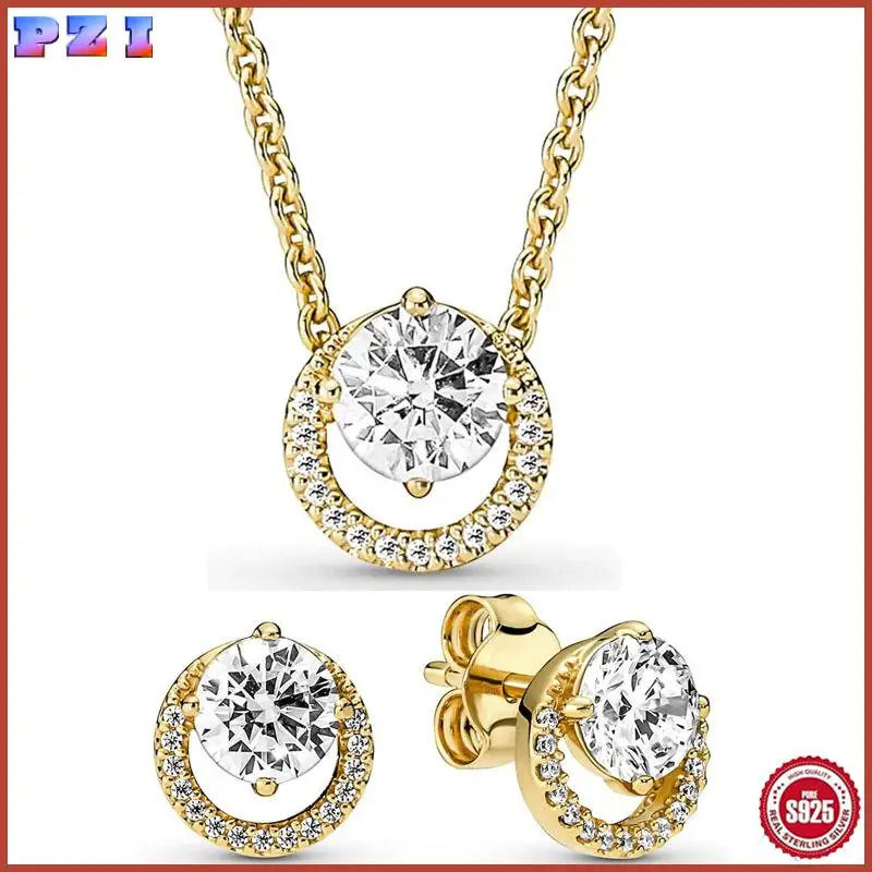 

Authentic 925 Sterling Silver Golden Shine Sparkling Round Halo Earring Necklace With Crystal For Women Jewelry Set Gift