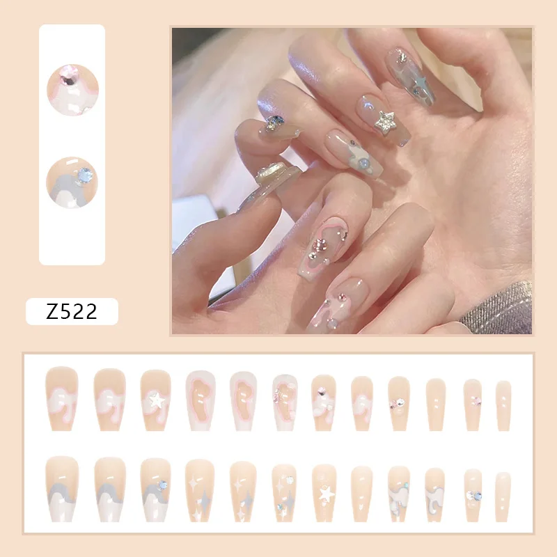 24pcs Long Star Diamond Classy Press on Nails for Girls Cheap False Nails with Glue Finger Artificial Fake Nails Tips for Gluing