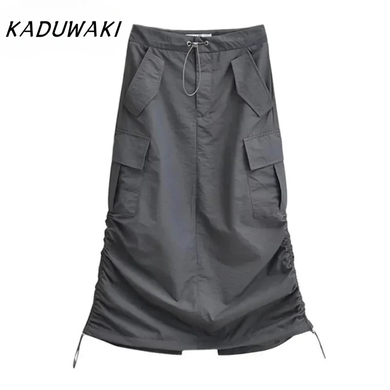 KADUWAKI Summer Multi-Pockets High Waisted Work Half Skirt Niche Side Drawstring Pleated Split Knee High Half Y2k Skirt 니트 스커트