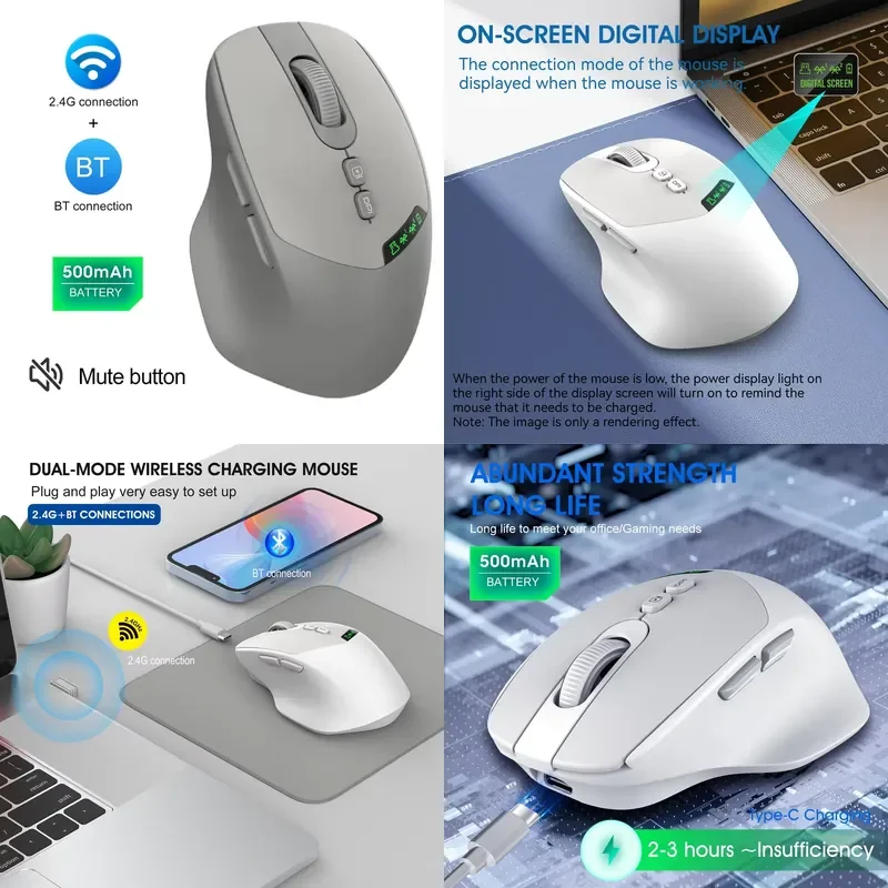 For wireless Bluetooth with digital screen display, mute the mouse and click 500mAh rechargeable 7-button ergonomic office