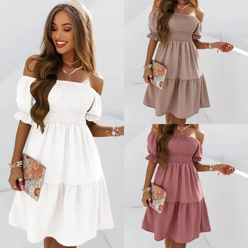 Summer Sexy Off Shoulder Short Sleeve Casual Solid Backless Fashion Party Women's Dress